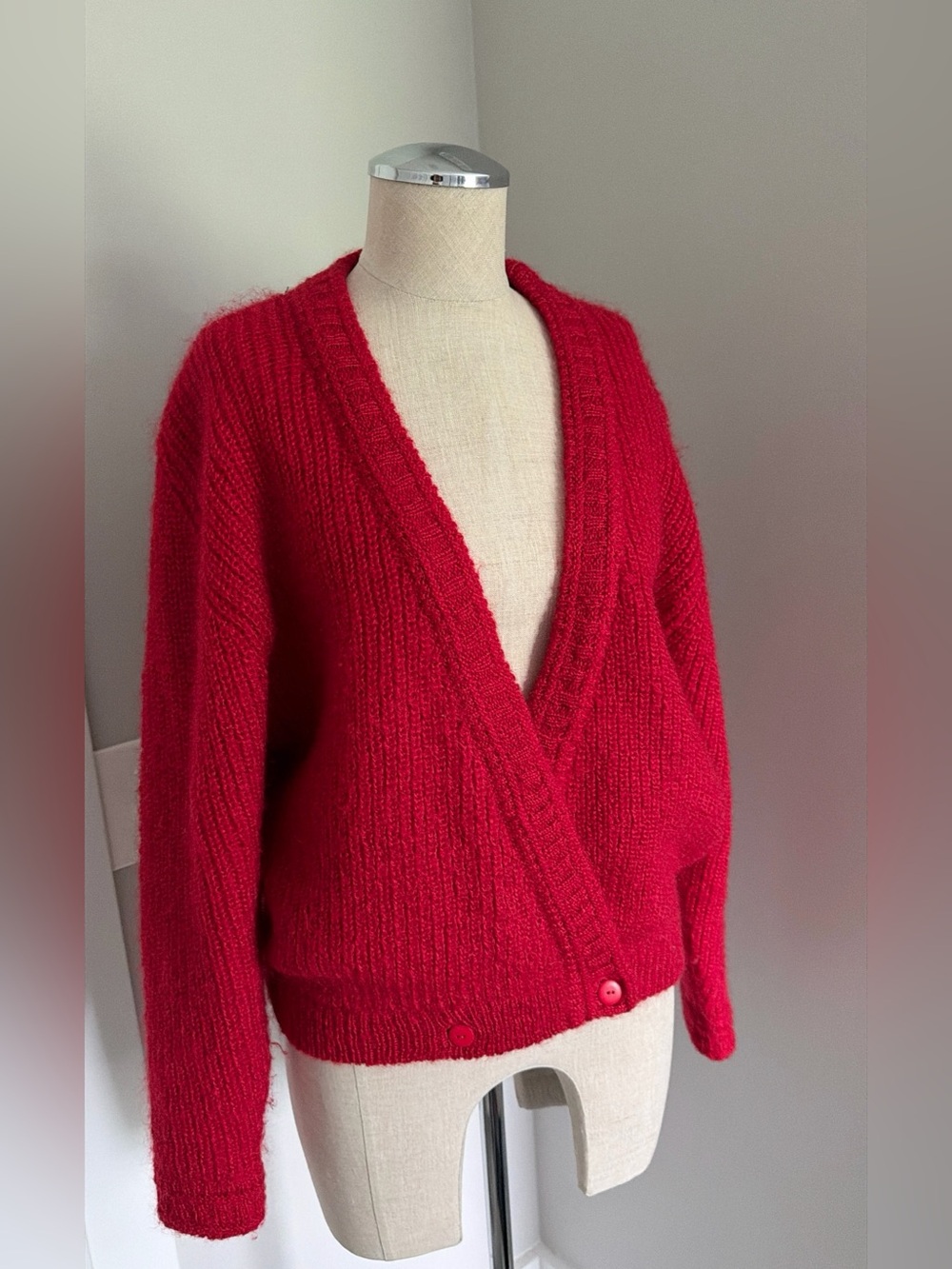 1980s Women's Laura Winston Red Mohair Blend V-Neck Wrap Cardigan Sweater